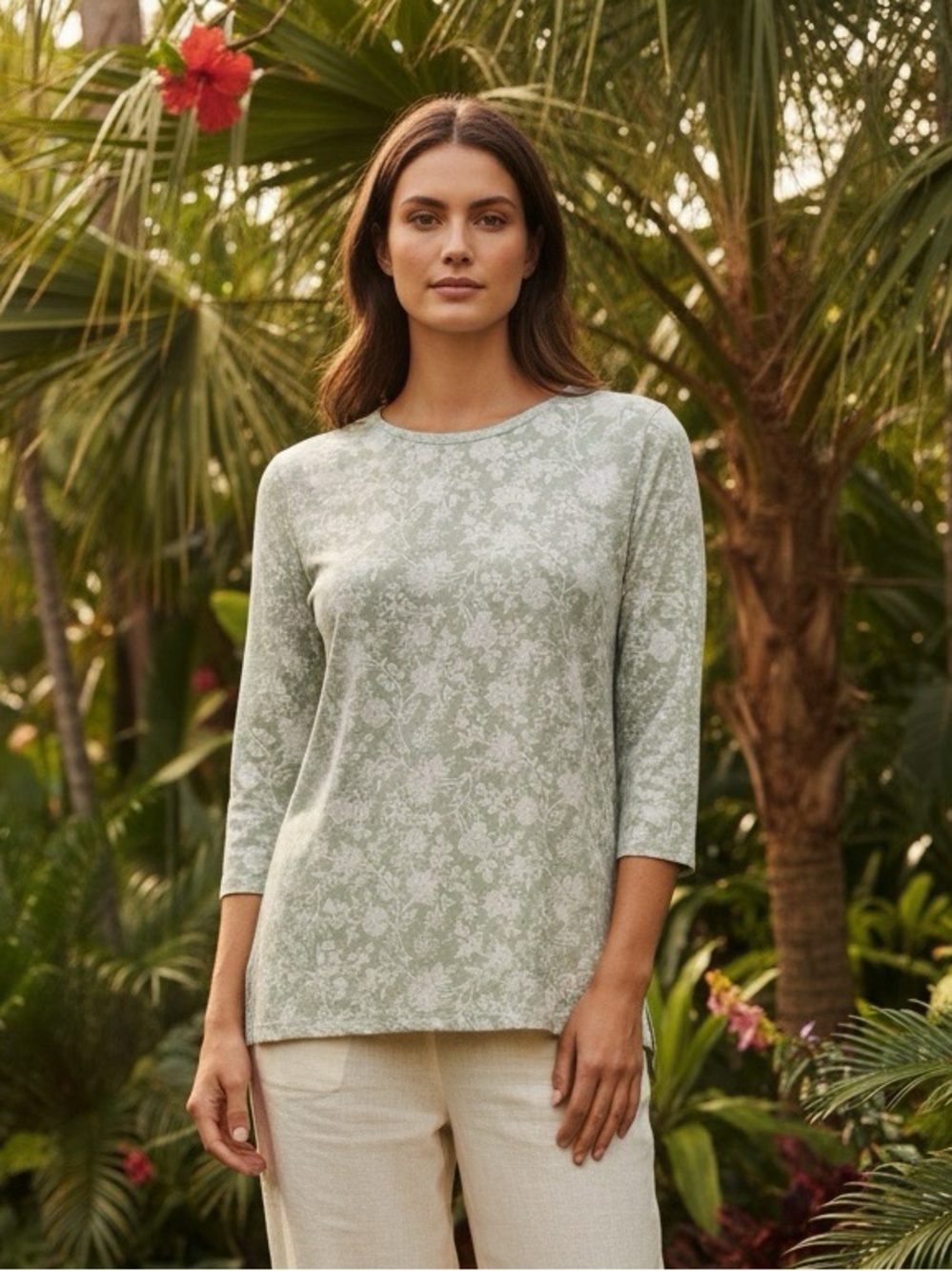 Lands’ End Women’s Sage Floral Print 3/4 Sleeve Top Size Medium